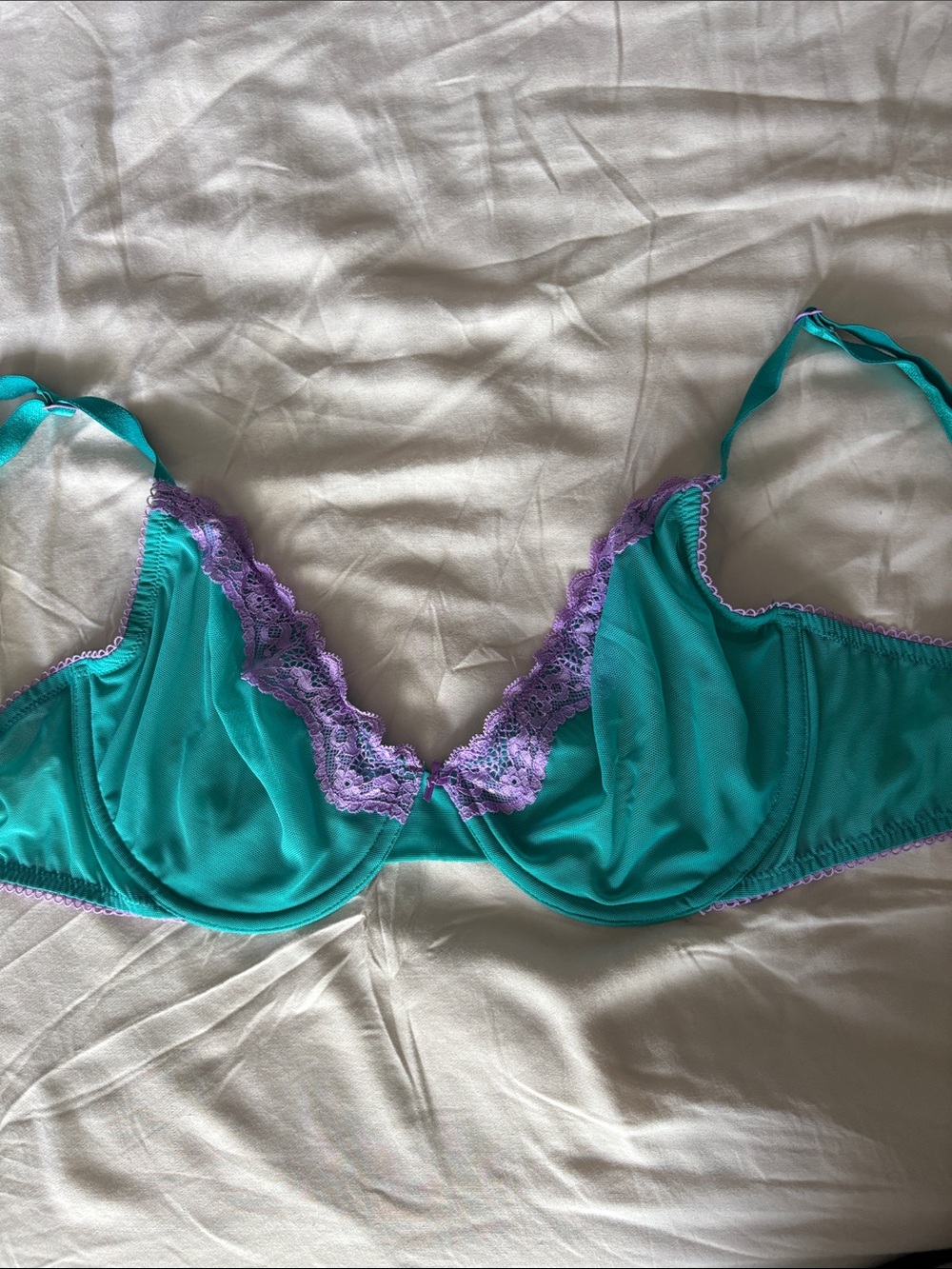 Victoria's Secret Teal Bra with Lavender Lace Trim